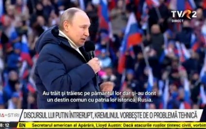 Putin a sărbătorit pe stadion, la Moscova, 8 ani de la anexarea Crimeei. Discursul lui a fost întrerupt, Kremlinul vorbește de o problemă tehnică